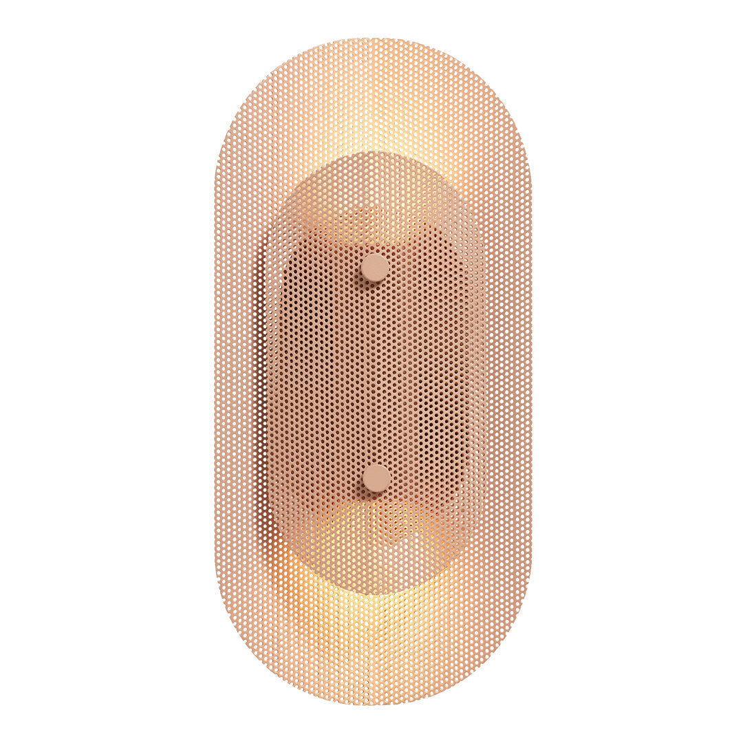 Stylish oval wall sconce in warm copper hue with a modern perforated pattern. Ideal for contemporary decor.