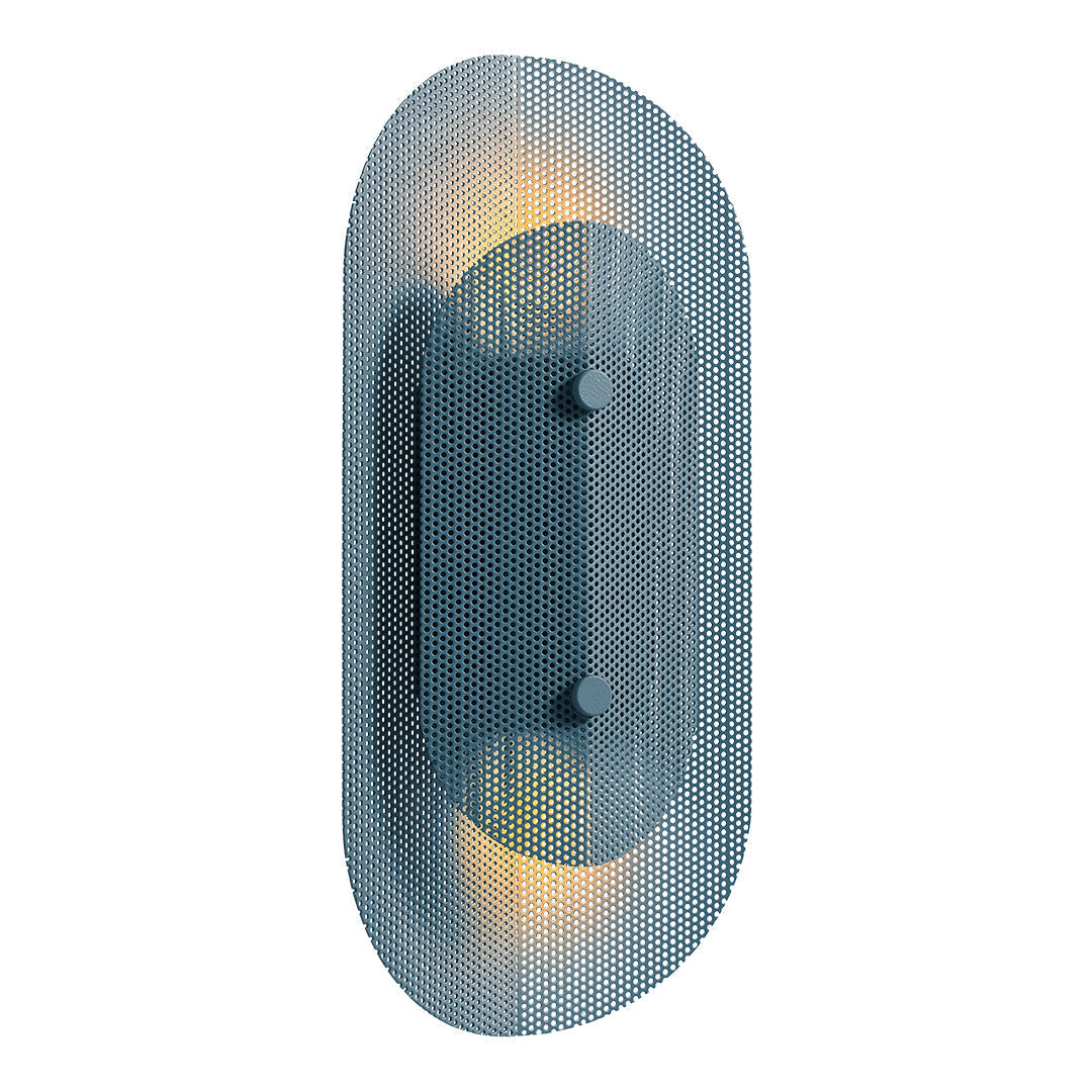 Stylish blue metal wall sconce with a textured pattern and soft yellow light accents. Modern decor piece.