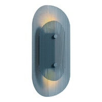 Stylish blue metal wall sconce with a textured pattern and soft yellow light accents. Modern decor piece.