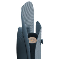 Grey textured fan with smooth curves and modern design, featuring a unique pattern on the blades.