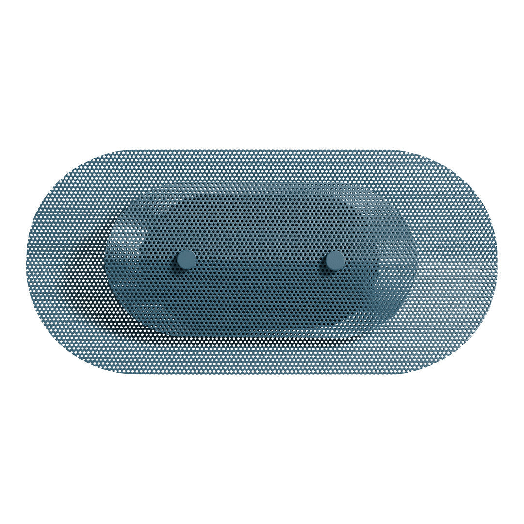 Blue oval bath mat with a textured, dotted pattern, enhancing grip and style for any bathroom decor.