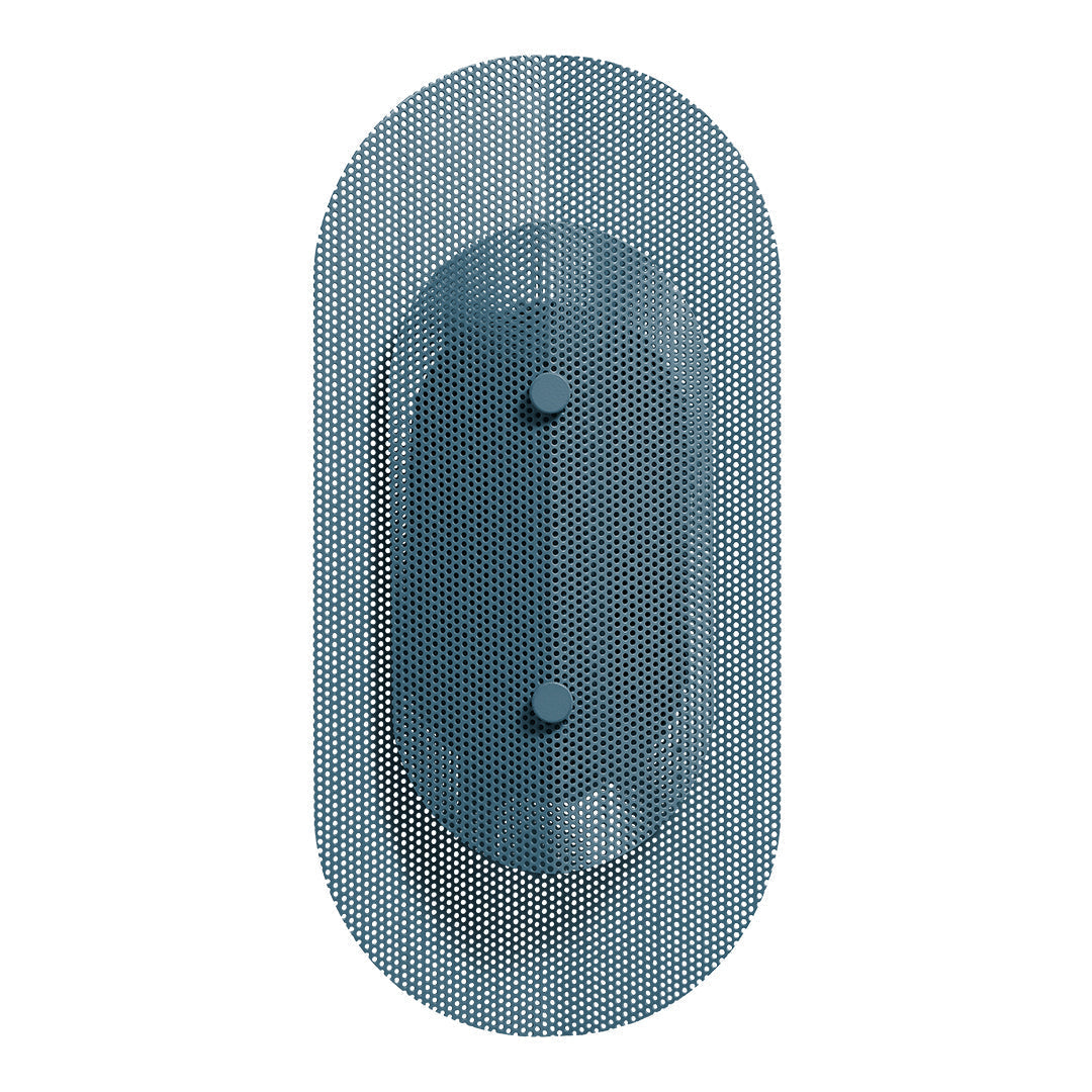 Blue geometric pattern with varying shades, featuring an oval design and two small raised dots in the center.