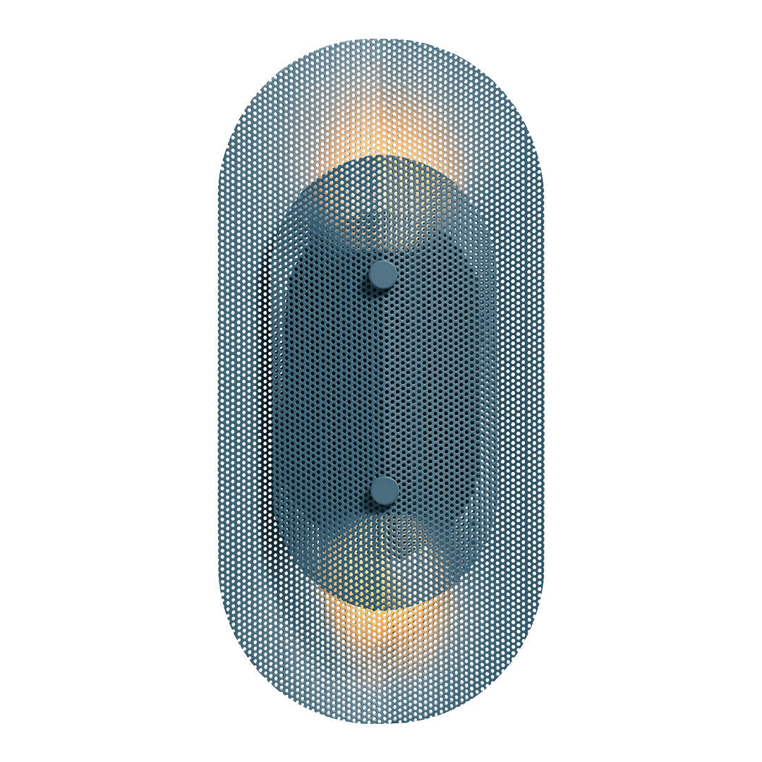 "Textured blue wall light with an oval design and warm glowing accents."