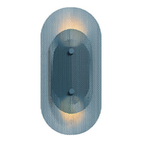 "Textured blue wall light with an oval design and warm glowing accents."