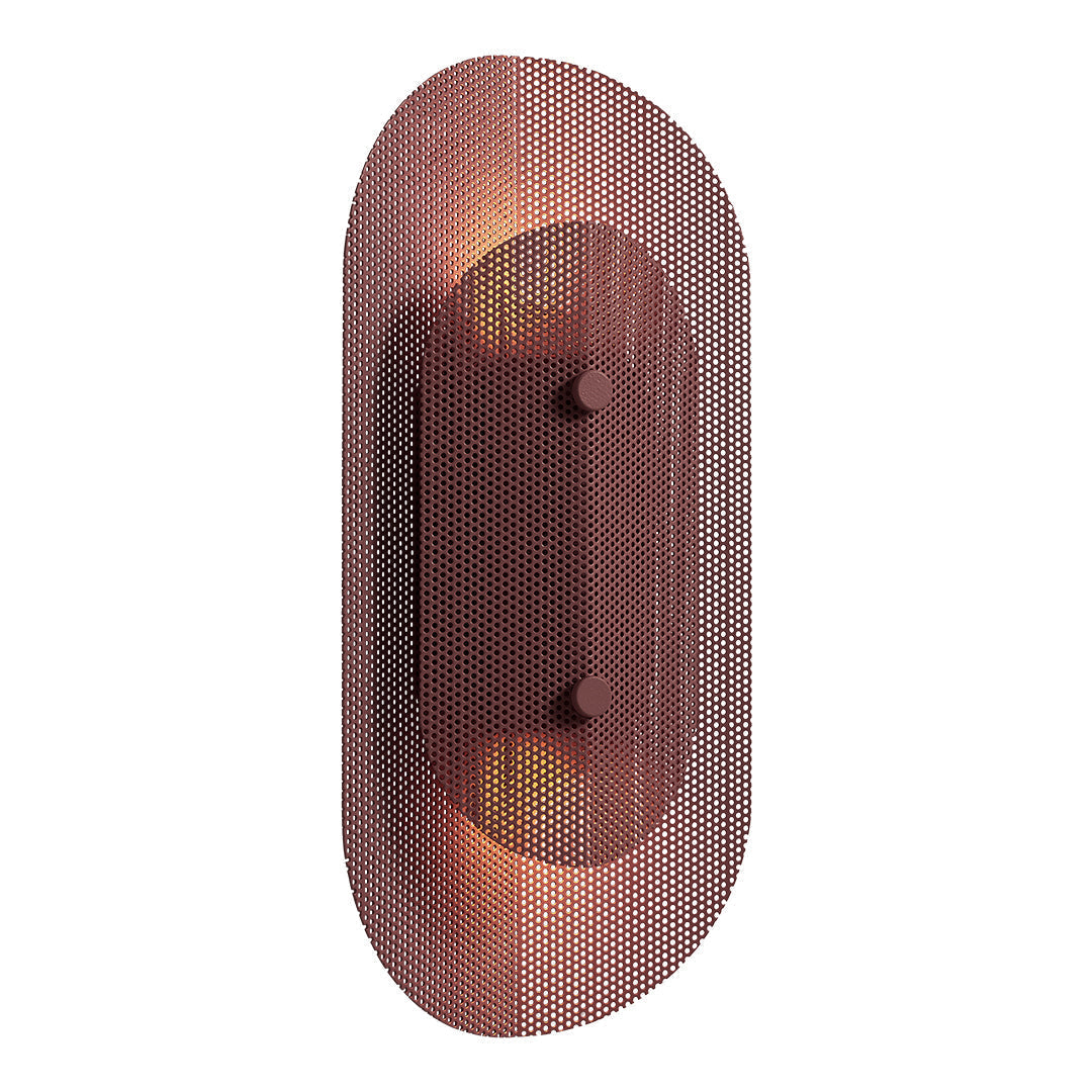 Copper mesh wall sconce with elegant oval shape and warm light glow, featuring a modern, sophisticated pattern.