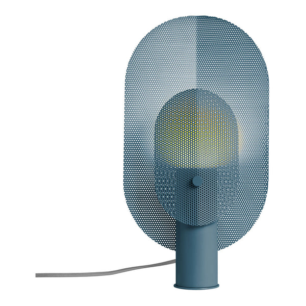 Blue mesh lamp with circular patterns and a soft yellow glow, featuring a sleek design and modern aesthetic.