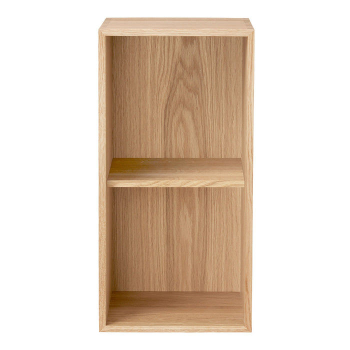 Light oak wood bookshelf with a natural grain pattern and minimalistic design; features two open shelves.