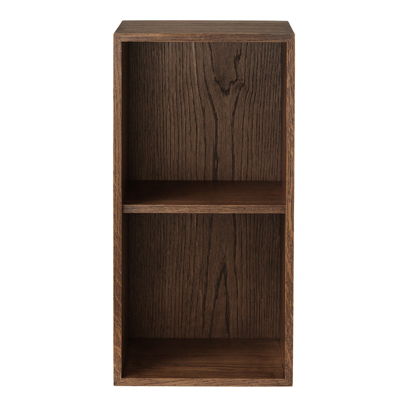 Dark brown wooden storage shelf with a smooth, natural grain pattern and two open compartments. Perfect for modern decor.