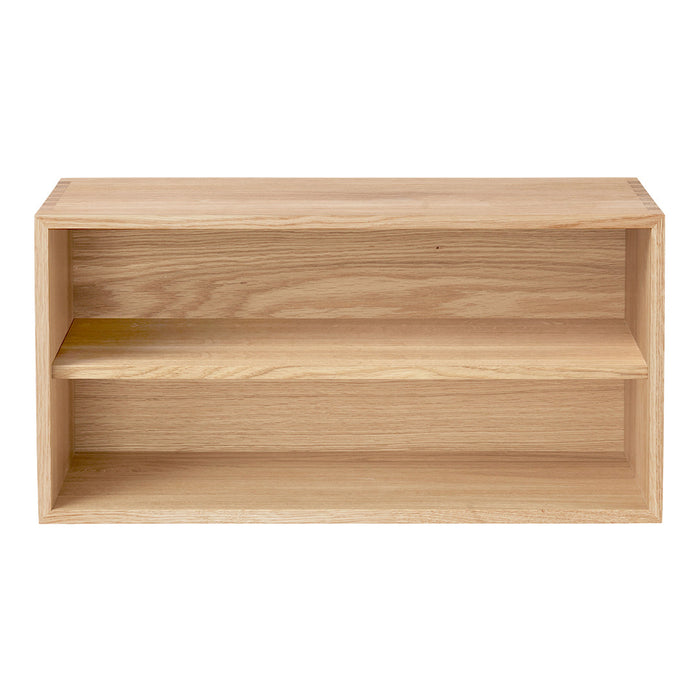 Light natural wood shelf with a minimalistic design, featuring two open compartments and smooth, clean lines.