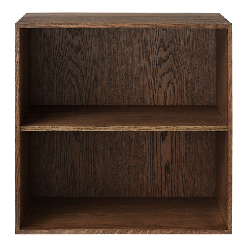 Dark brown wooden cube shelf with a smooth, textured surface and two open compartments. Ideal for modern decor.