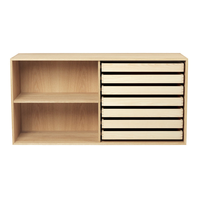 Light wood storage unit with a natural finish, featuring six sleek drawers and an open shelf in minimalist design.