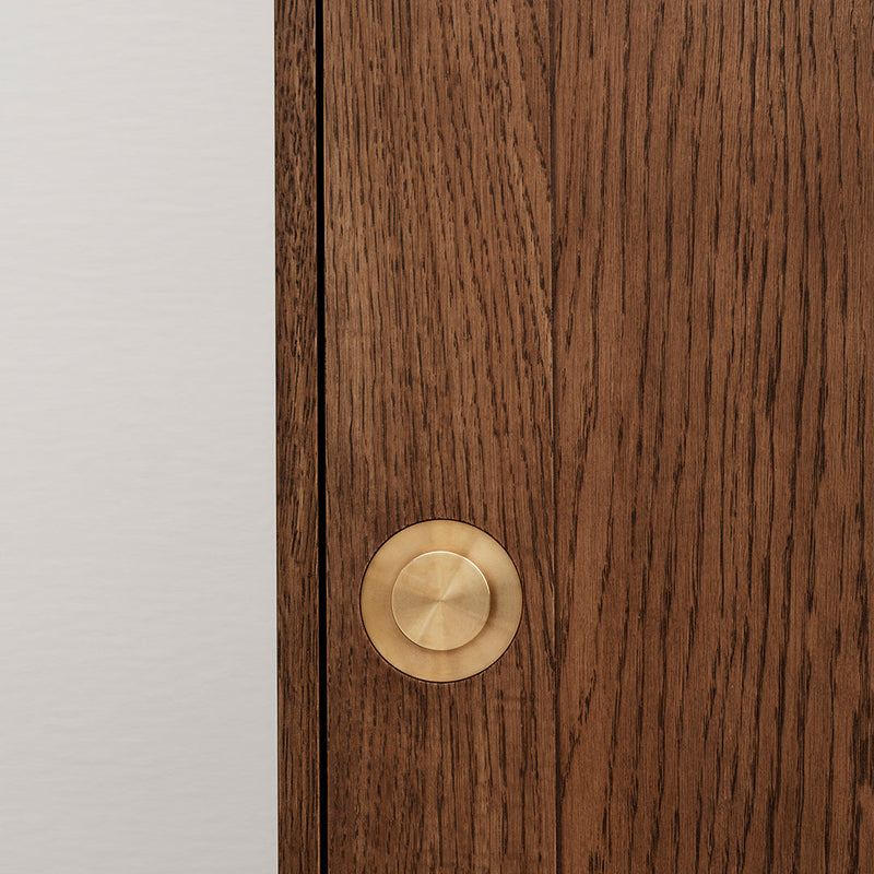 Natural wood grain in warm brown tones with smooth brass knob; contrasting with light gray panel.