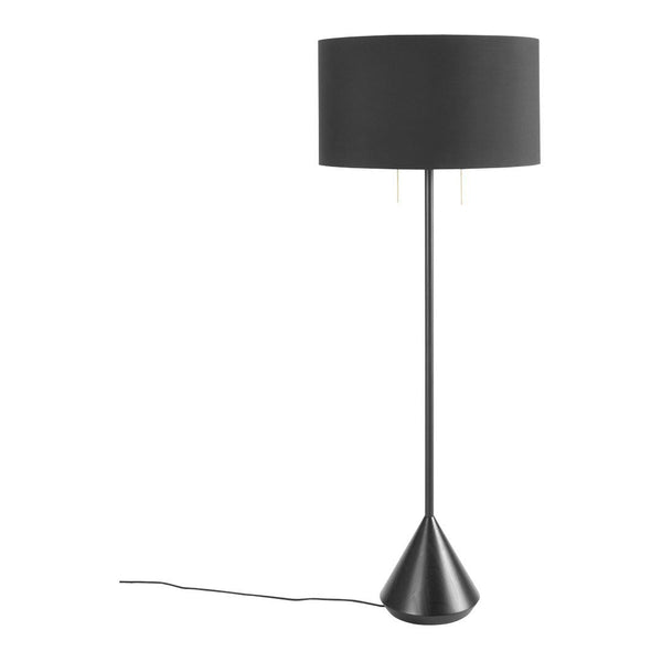 Black floor lamp with a sleek cone base and a cylindrical shade, offering a modern, minimalist design.