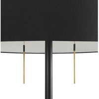 Black lampshade with gold accents and a white trim, featuring two hanging pull chains. Modern, sleek design.