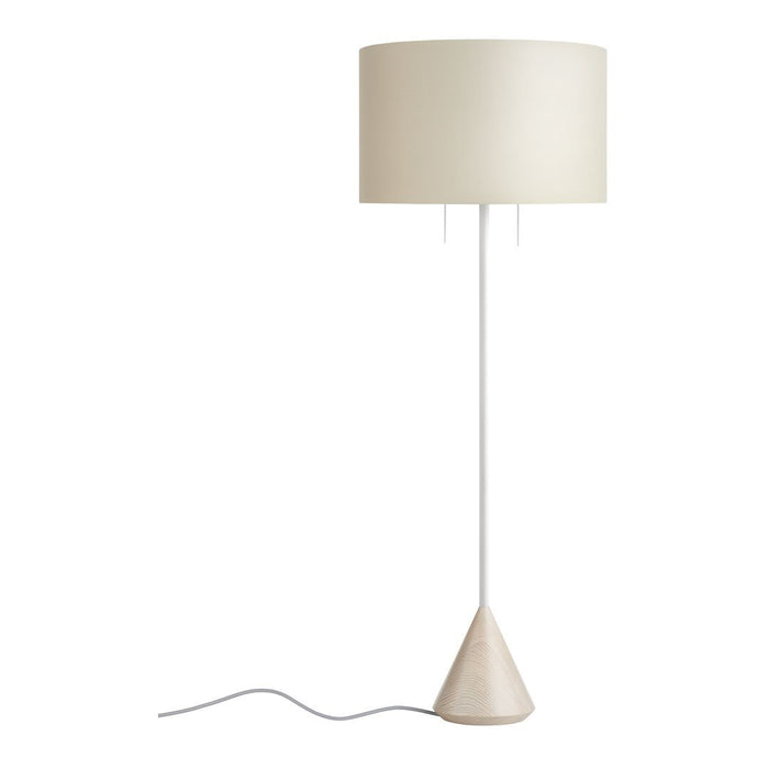 Modern floor lamp featuring a cream shade and a soft beige cone base with a sleek white stem. Perfect for minimalist decor.
