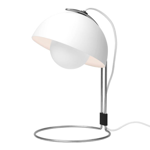 White dome lamp with a glossy finish, featuring a round glass bulb and sleek silver base. Modern minimalist design.