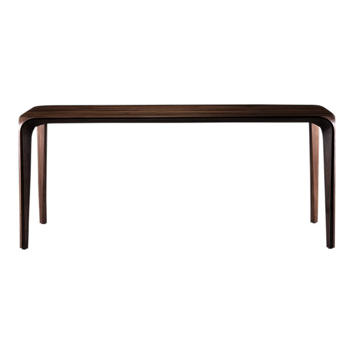 Sleek rectangular table in rich walnut brown with smooth, minimalist design and rounded edges.