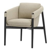 Beige upholstered chair with black wood legs, featuring a minimalist design and subtle texture. Perfect for modern decor.