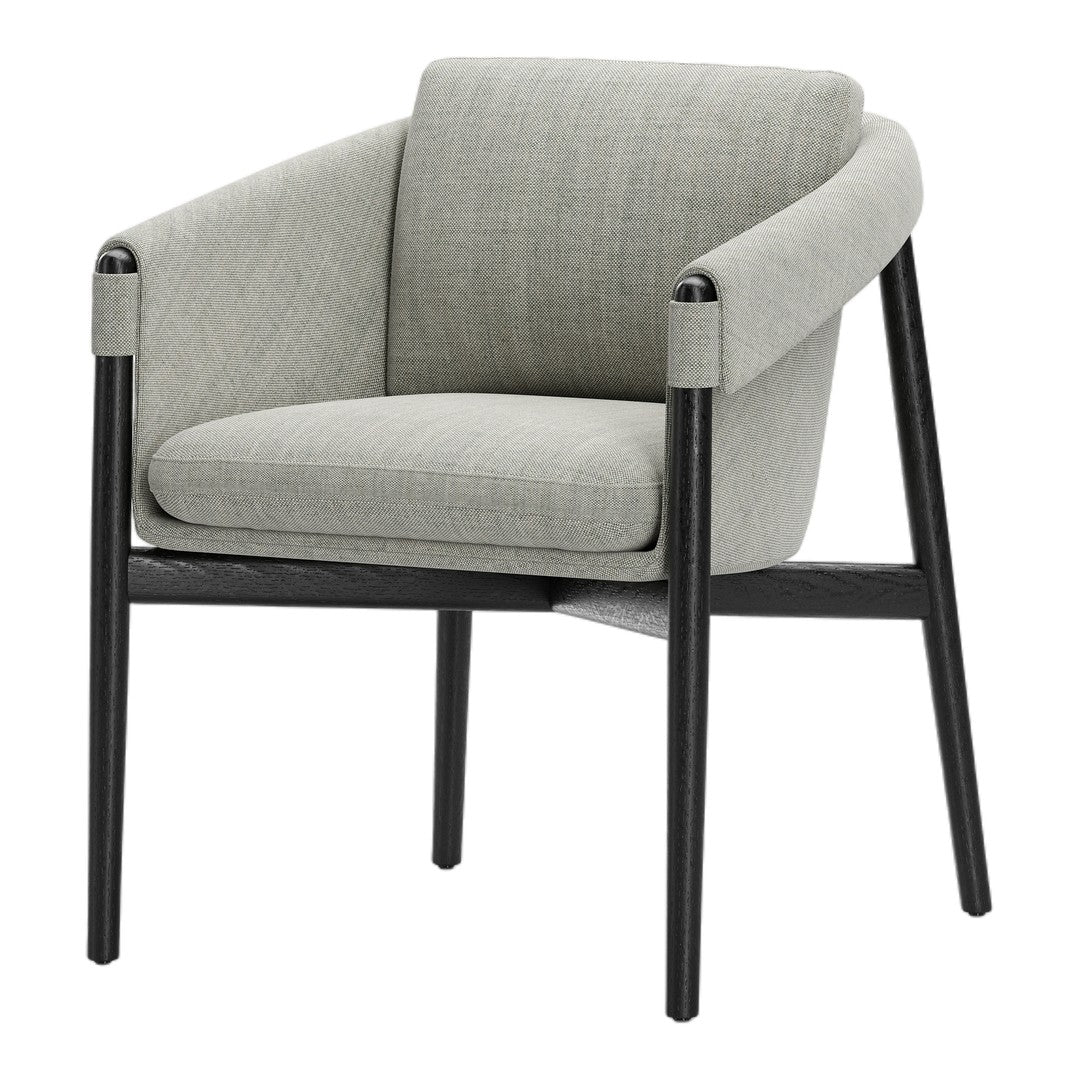 Stylish light gray armchair with subtle textured fabric and sleek black wooden legs, perfect for modern decor.