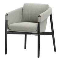 Stylish light gray armchair with subtle textured fabric and sleek black wooden legs, perfect for modern decor.