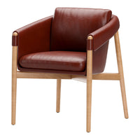 Modern armchair in rich brown leather, featuring a sleek wood frame and minimalist design for elegant decor.