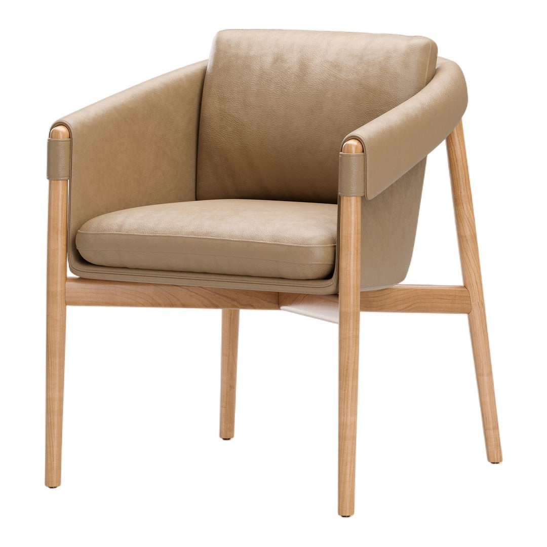 Tan leather armchair with a wood frame and minimalist design, featuring smooth contours and natural textures.