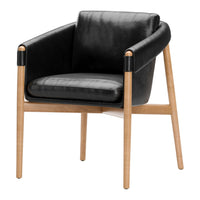 Black faux leather chair with light wooden legs and armrests, featuring a sleek, modern design.