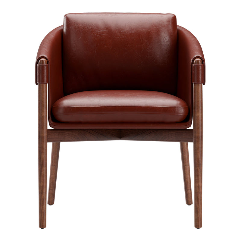 Brown leather armchair with a smooth finish and wooden legs, featuring a modern, minimalist design.