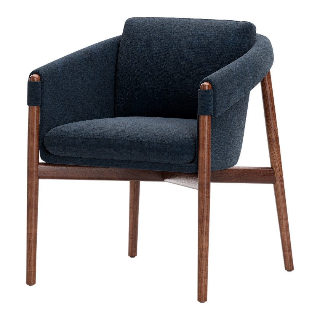 Navy blue upholstered chair with a sleek wooden frame, featuring elegant, minimalist design and contemporary style.