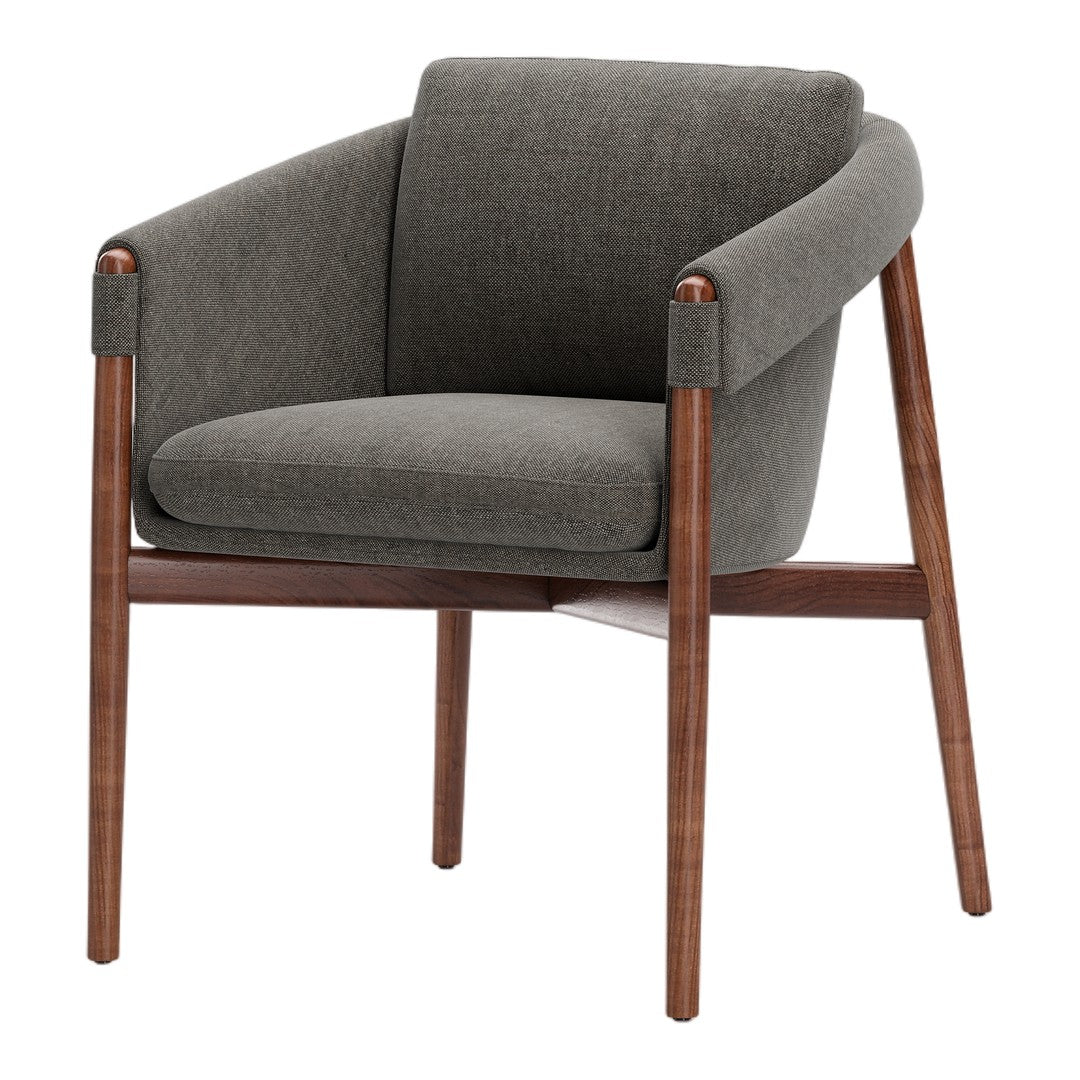 Stylish gray fabric chair with a textured pattern and rich wood accents for a modern home décor.