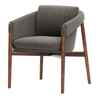 Stylish gray fabric chair with a textured pattern and rich wood accents for a modern home décor.