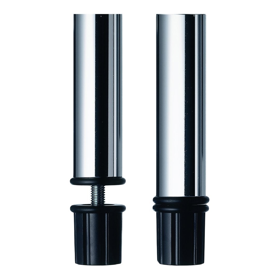 Chrome-plated tubes with sleek black rubber ends, featuring a polished finish for a modern look.