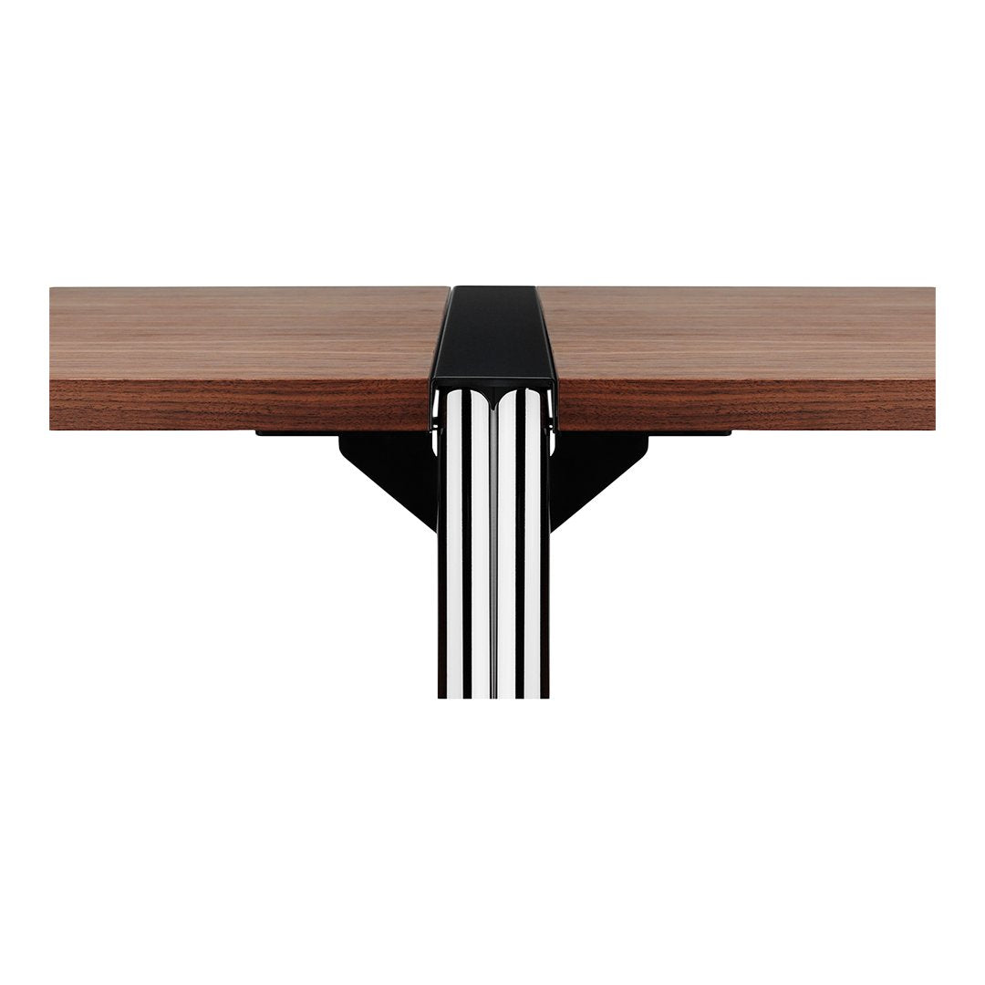 Wooden table with a rich walnut finish and sleek black metal accents, featuring clean lines and modern design.