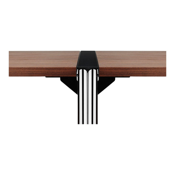 Walnut tabletop with sleek black and silver metal accents, featuring a modern, minimalist design.