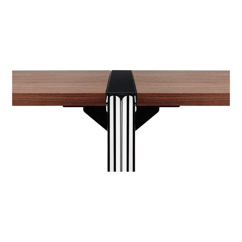 Walnut tabletop with sleek black and silver metal accents, featuring a modern, minimalist design.