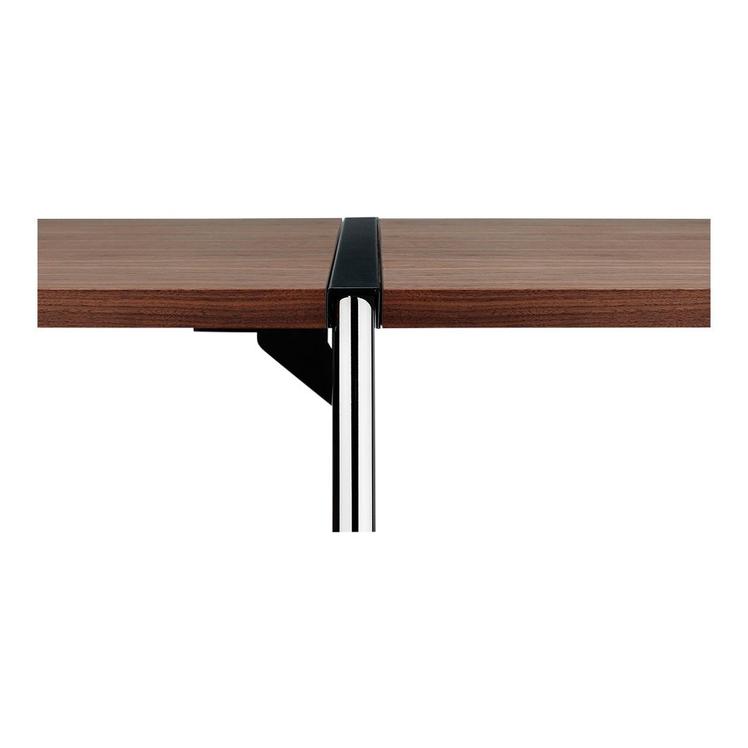 Walnut wood tabletop with sleek chrome accents and a modern, minimalistic design. Smooth finish and contrasting colors.
