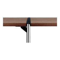 Walnut wood tabletop with sleek chrome accents and a modern, minimalistic design. Smooth finish and contrasting colors.