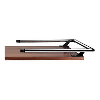 Brown wood tabletop with sleek black metal frame, featuring a modern and minimalistic design.