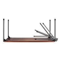 Wooden tabletop with a rich walnut finish and sleek black metal legs in a modern, minimalistic design.