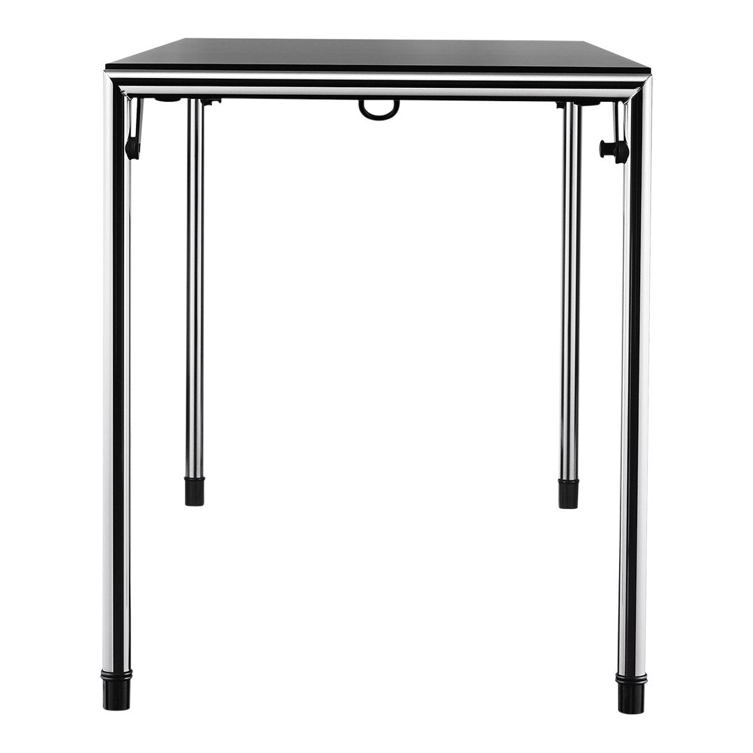 Black tabletop with chrome legs, featuring a sleek and modern design, perfect for contemporary spaces.