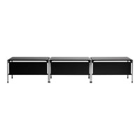 Sleek black storage units with metallic chrome accents, featuring a minimalist design and modern finish.