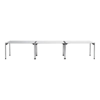 "Modern three-section table in sleek silver finish with a minimalist design and smooth, glossy top."