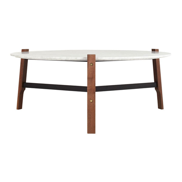 Mid-century modern round coffee table with a white marble top and contrasting dark wood legs. Stylish and elegant design.