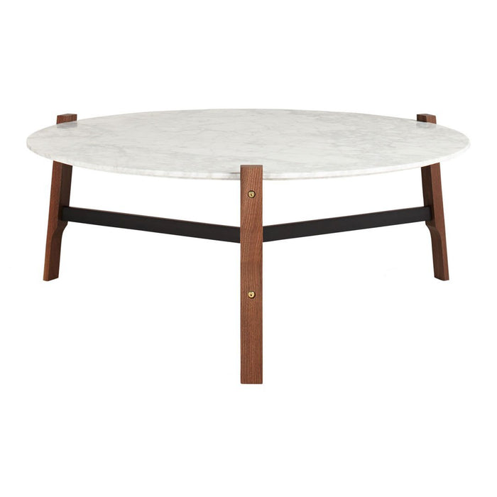 Round coffee table with a white marble top and wooden legs featuring a dark brown finish, perfect for modern decor.