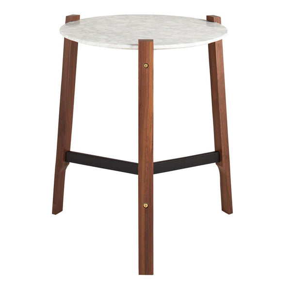 Round white marble top with walnut wood legs and black accents, stylish and modern design for any decor.