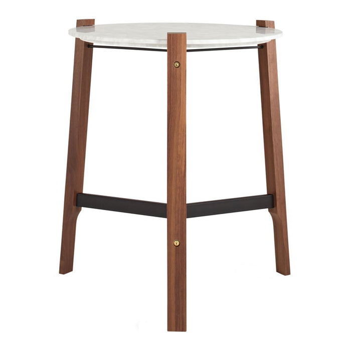 Round white tabletop with walnut wood legs and black accent, featuring a minimalist design and natural finish.