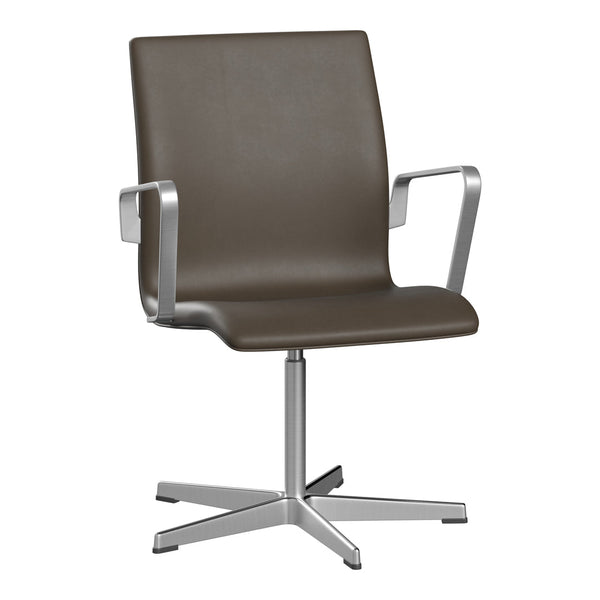 Brown leather office chair with a sleek, minimalist design and silver metal armrests and base. Ideal for modern spaces.