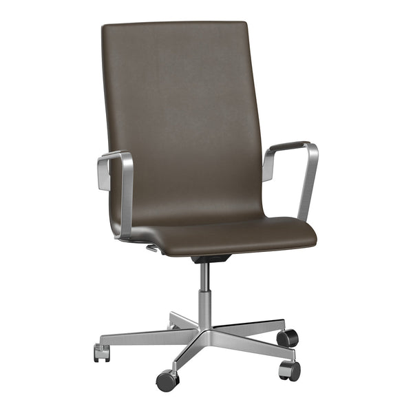 Stylish brown leather office chair with sleek chrome accents and a minimalist design. Perfect for modern workspaces.
