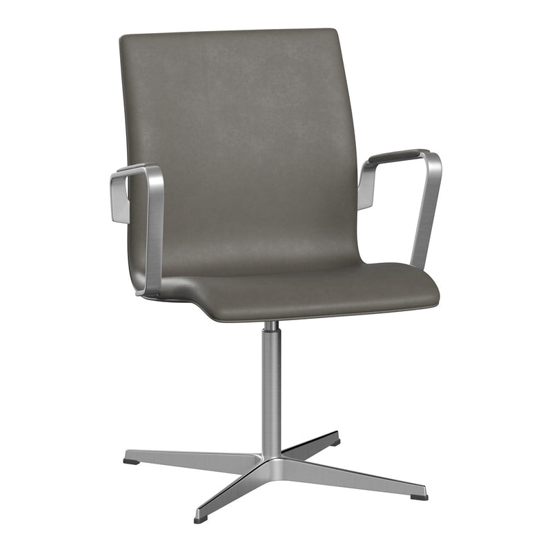 Stylish gray leather chair with smooth texture and sleek silver metallic arms and base. Perfect for any modern workspace.