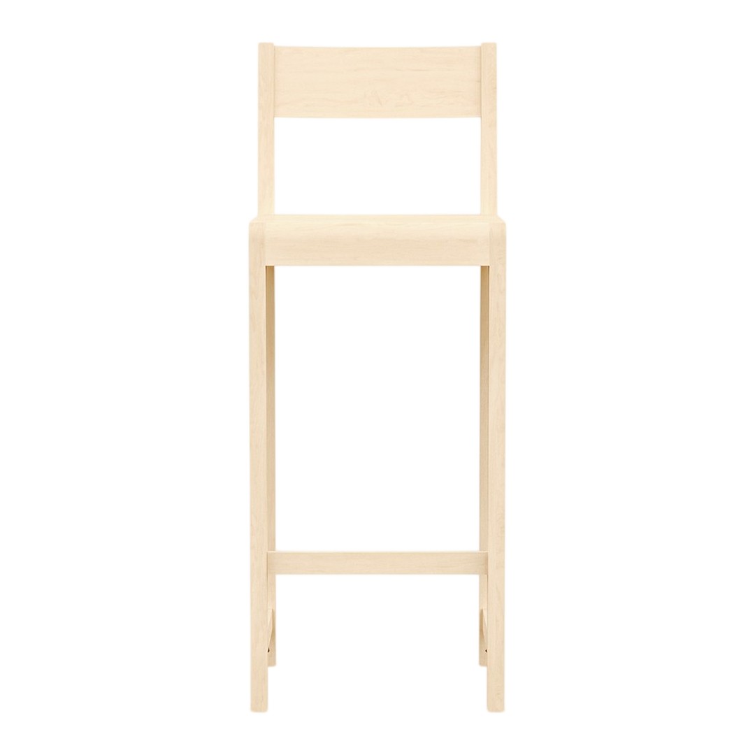 Tall, minimalist wooden bar stool in a light natural finish, featuring a simple, modern design with no patterns.
